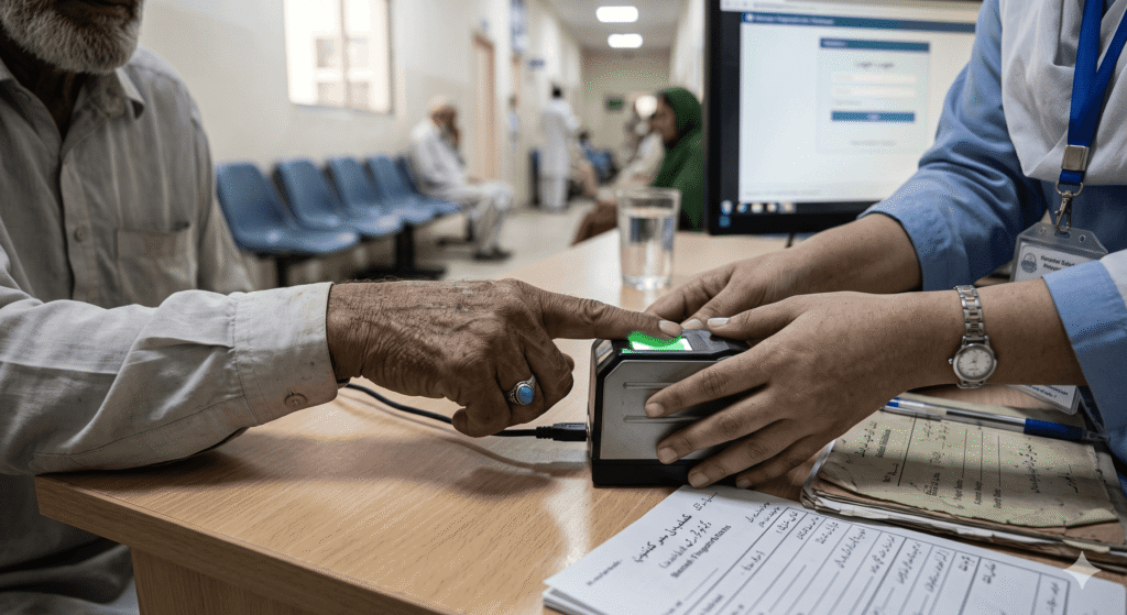 the patient's fingerprint is scanned and matched against the NADRA database