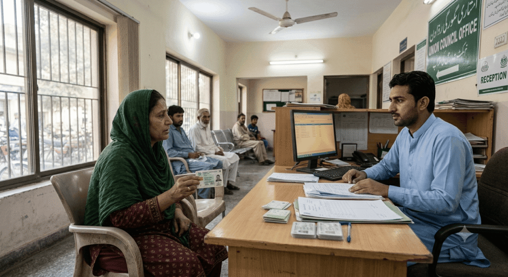 At discharge: the billing desk printed a statement showing the full hospital bill and the Sehat Card coverage.